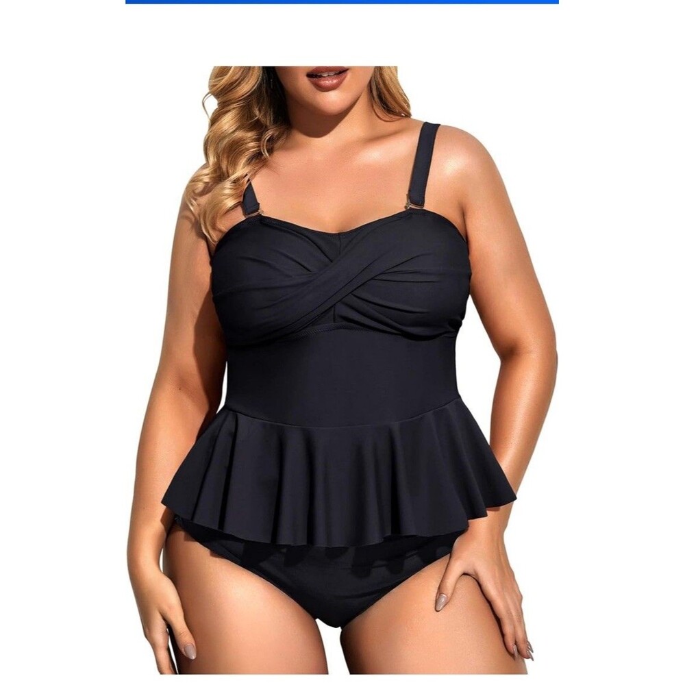 Daci Women 2 Piece Plus Sz 18W Swimsuit Bottom Peplum Tankini High Waisted Black